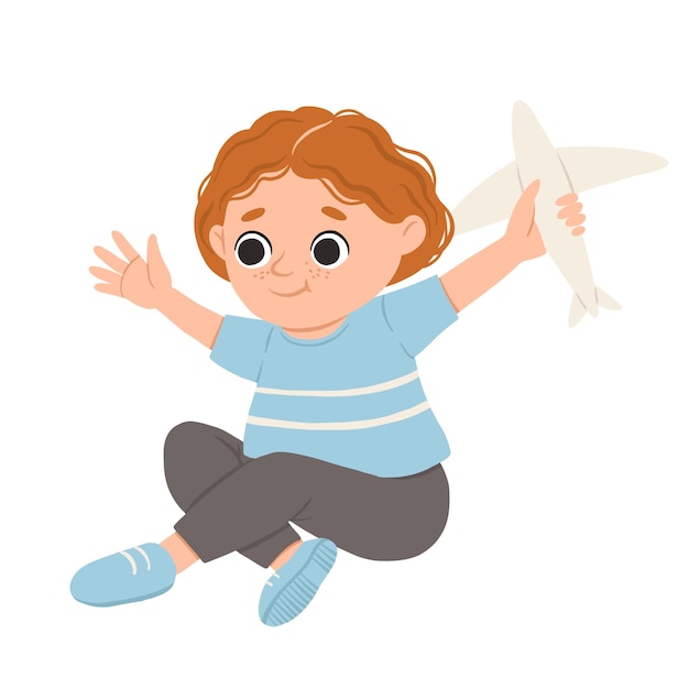 Vector cartoon gelukkige jongen spelen met vliegtuig en glimlachen leuke vectorillustratie geïsoleerd op een witte achtergrond
