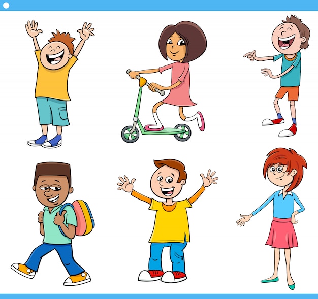 Cartoon gelukkige kinderen en tieners tekenset