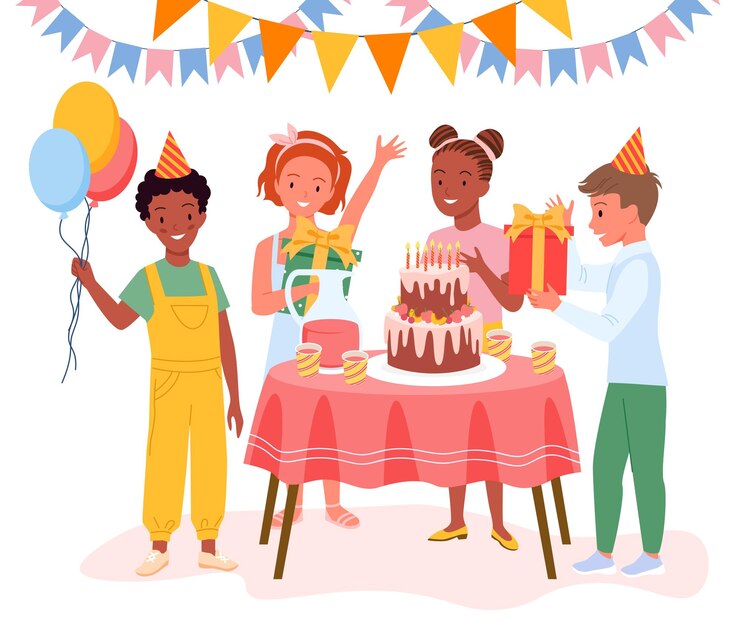 Vector cartoon gelukkige kinderen in vakantie hoeden jonge tekens zitten aan tafel met chocolade verjaardagstaart en kaarsen geïsoleerd op wit kinderen vieren verjaardagsfeestje leuke viering