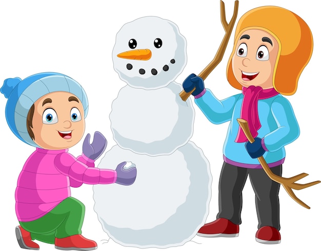 Cartoon gelukkige kinderen met een sneeuwpop