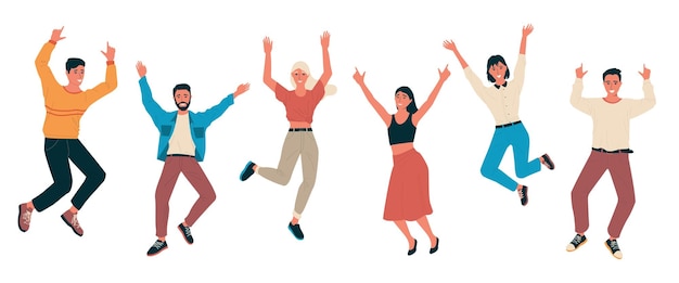 Cartoon gelukkige mensen Jonge mannen en vrouwen lachen Geïsoleerde vrolijke karakters springen en zwaaiende handen Tieners voelen positieve emoties Vector menselijke gebaren en gezichtsuitdrukkingen