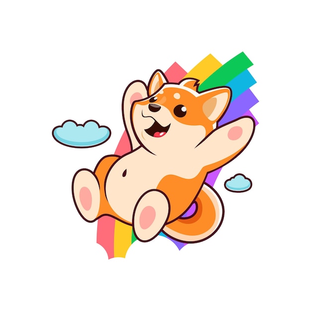Cartoon gelukkige shiba inu hond personage schattig kawaii huisdier personage Adorable vector dier vreugdevol glijden naar beneden een levendige regenboog stralen geluk en speelsheid in een kleurrijke en grillige scène