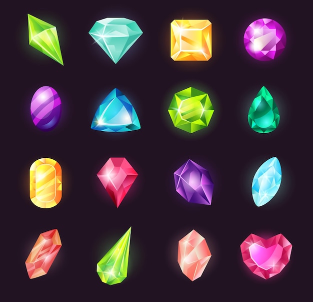 Vector cartoon gemstones, magic crystals, jewel stone, precious gems. shiny magical stones for game design, diamond gem, jewelry crystal vector set