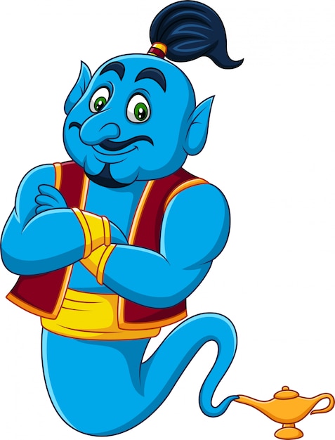 Vector cartoon genie coming out of a magic lamp