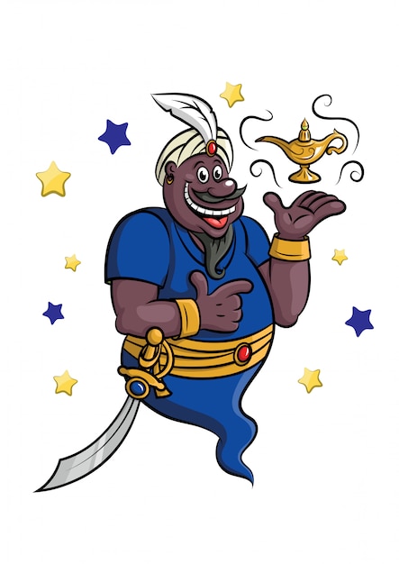 Cartoon genie with lamp