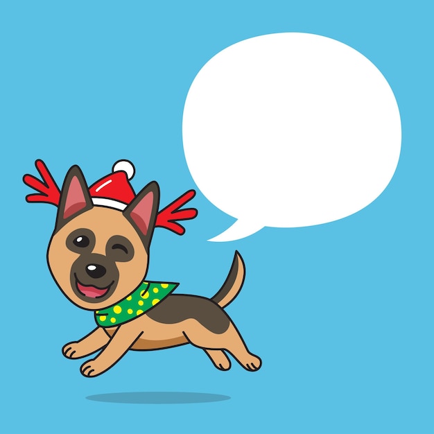 Vector cartoon german shepherd dog with christmas costume and speech bubble