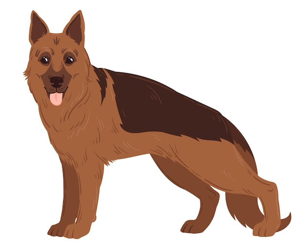 Cartoon german shepherd Service dog breed purebred domestic pet German shepherd guard or police dog flat vector illustration