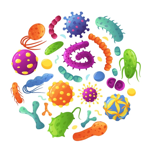 Cartoon germs in circle shape bacteria cells viruses germs microorganisms set