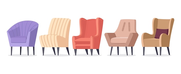 Cartoon gezellige fauteuils moderne meubels elementen platte geïsoleerde vector symbolen illustratie set