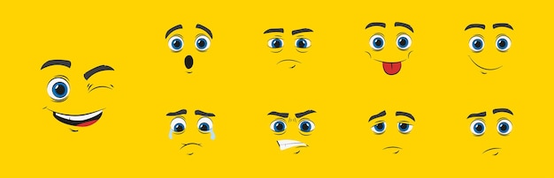 Cartoon gezichten instellen komische pictogram Emotie gezicht expressieve ogen en mond Flat geïsoleerde vectorillustratie
