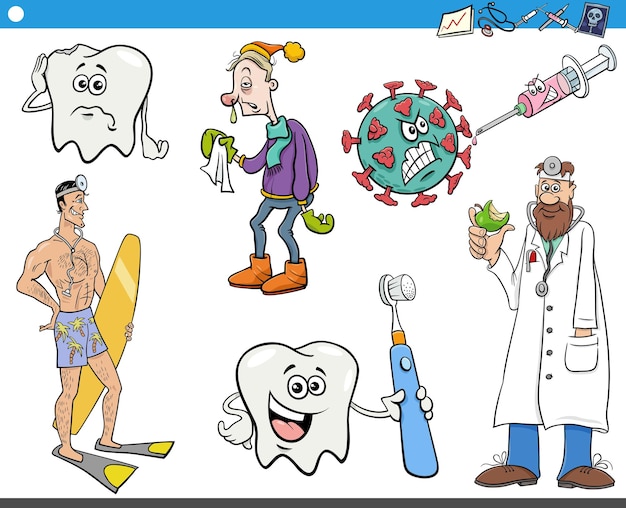 Cartoon gezondheid en medische onderwerpen en tekens set