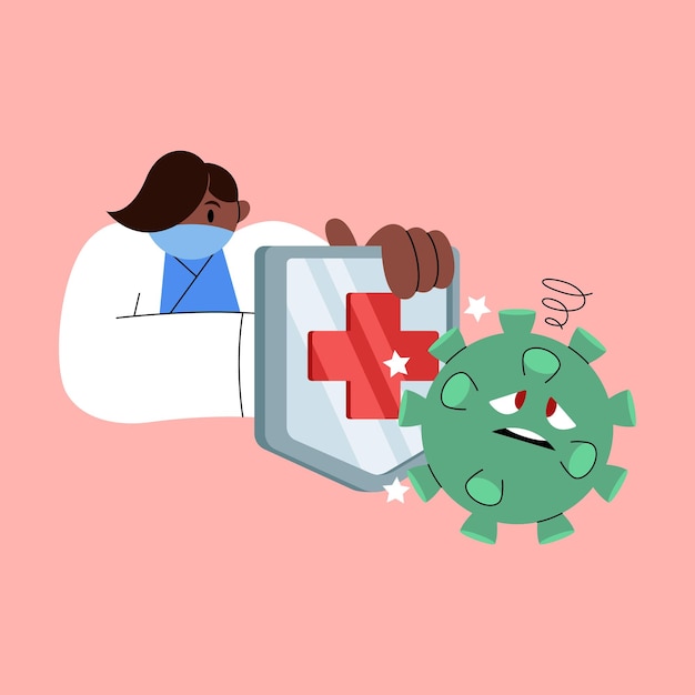 Cartoon gezondheidswerker die COVID-19-virus bestrijdt met een schild