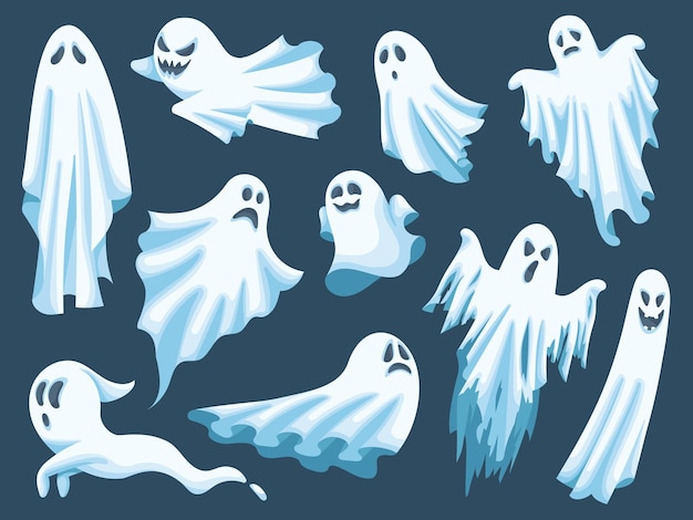 Fantasma del cartone animato personaggi spettrali dello spirito di halloween fantasmi arrabbiati e felici in un set di illustrazioni vettoriali di stoffa bianca