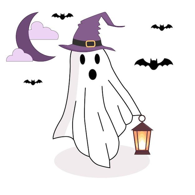 Cartoon ghost with lantern Moon with bats card