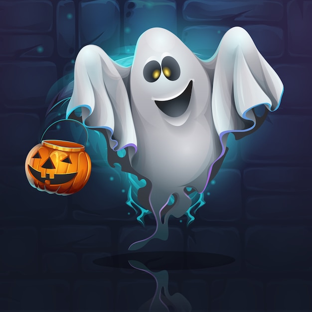 Cartoon ghost with pumpkin bucket