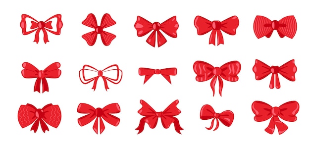 Archi regalo cartoon bowknot decorativo con nastri per avvolgere il pacchetto presente simpatico nastro bowtie per l'arredamento della celebrazione delle vacanze set piatto vettoriale