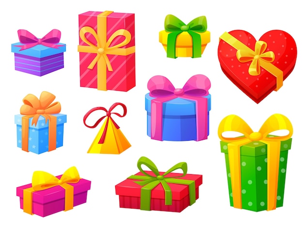 Vector cartoon gift boxes digital gifts with bow graphic elements for celebration christmas or birthday party present pack nowaday vector clipart