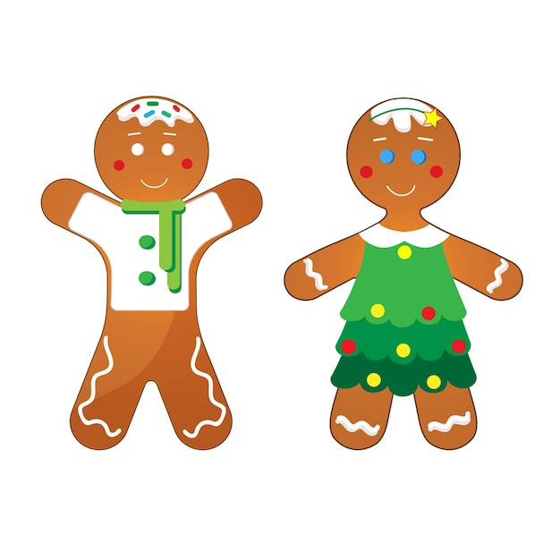 Vector cartoon gingerbread man and girl in christmas tree costume on the white background