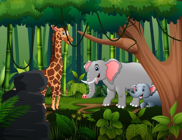 Cartoon giraffe and elephants living in the jungle