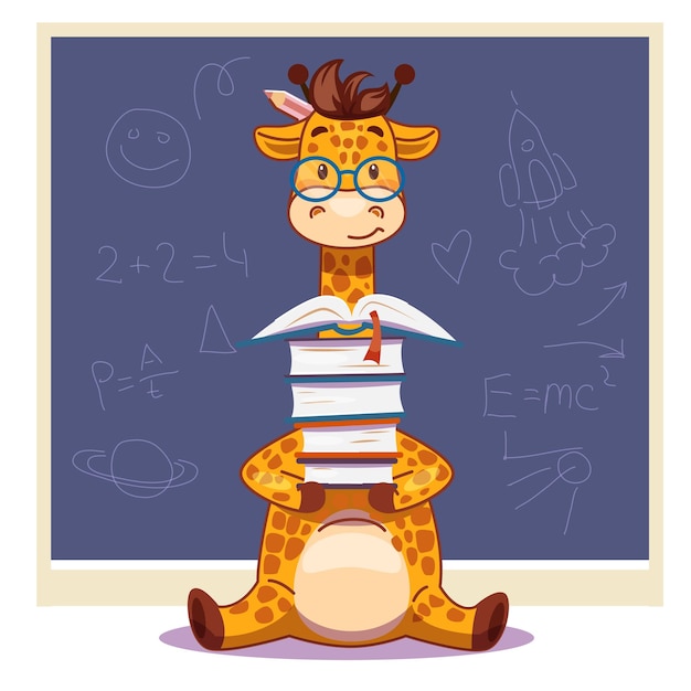 Giraffa cartone animato con libri su una lavagna sfondo grafica vettoriale illustrazione per bambini