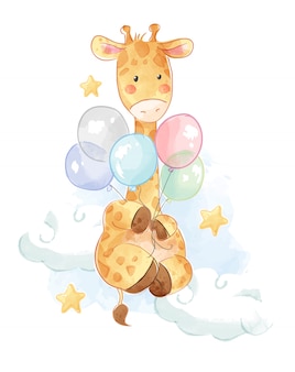 Giraffa di cartone animato con palloncini colorati illustrazione