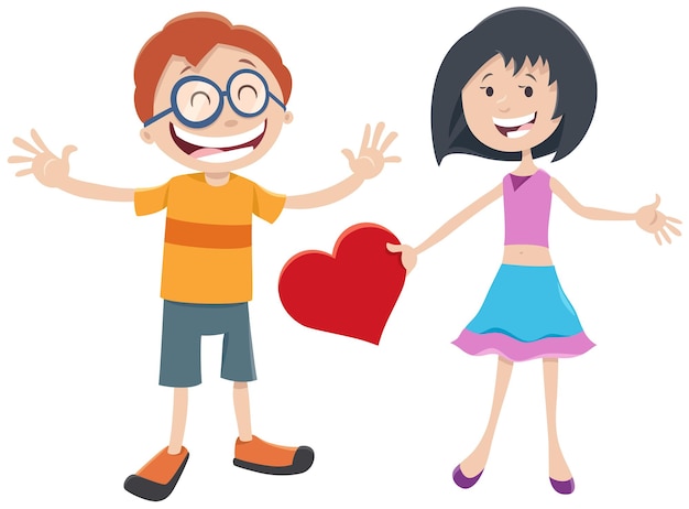 Карикатурные герои девушки и мальчика влюблены в День святого Валентина