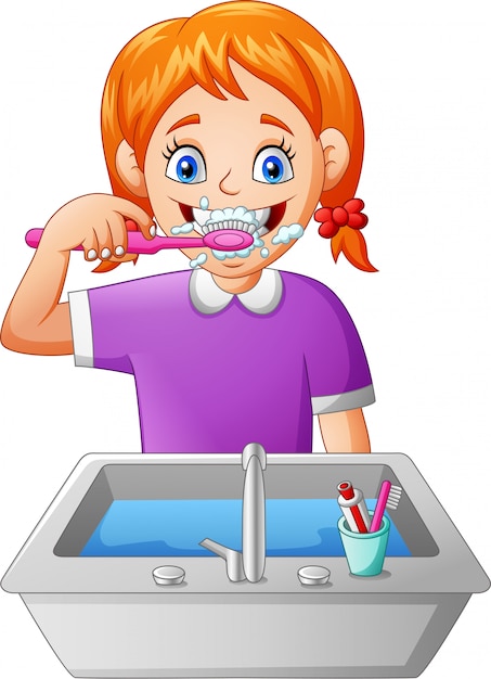 Cartoon girl brushing teeth