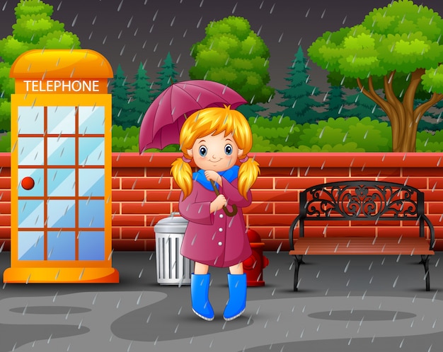 Vector cartoon a girl carrying umbrella