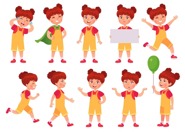 Cartoon girl character poses gestures and expressions actions female child standing vector set