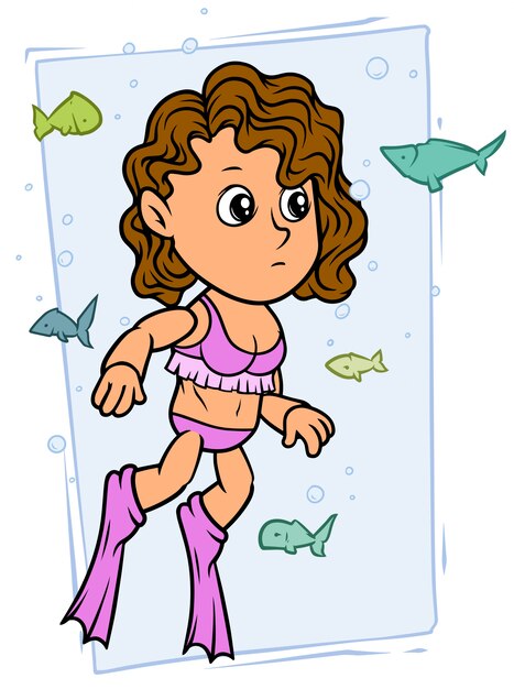 Cartoon girl character in swimsuit and flippers