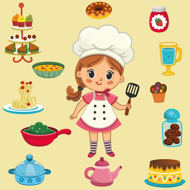 Vector a cartoon of a girl in a chef hat holding a spatula and cooking food