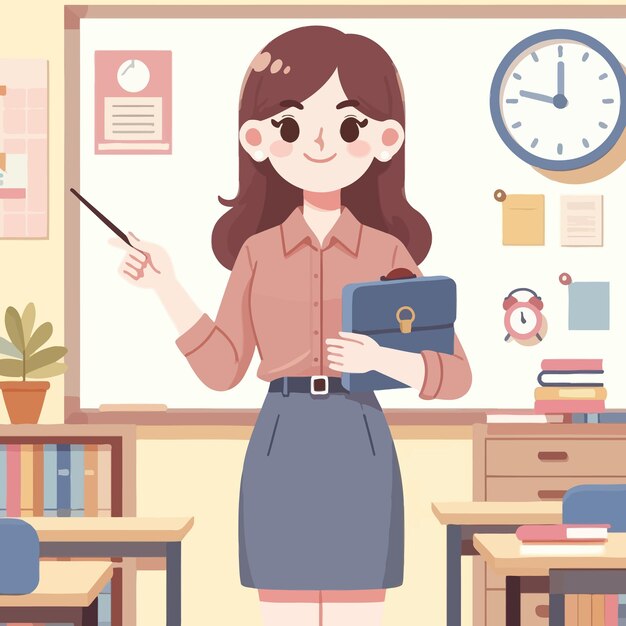 Vector a cartoon of a girl in a classroom with a pencil in her hand