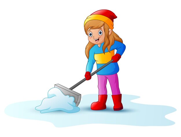 Vector cartoon girl cleaning snow using a shovel