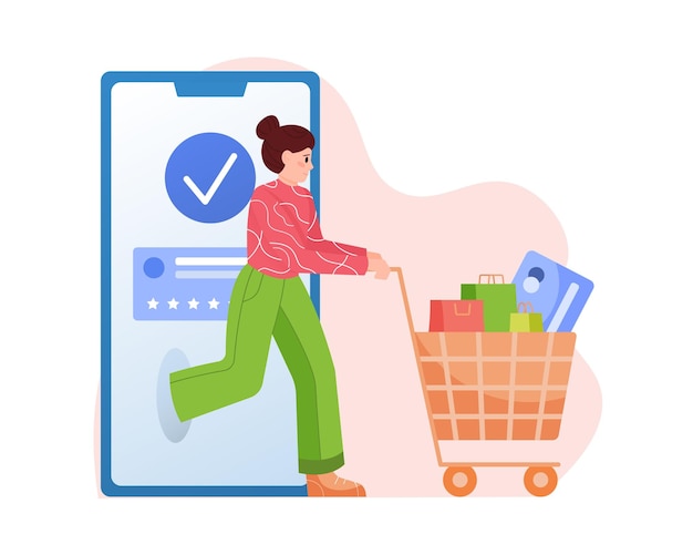 Cartoon girl comes out of mobile app with shopping cart Purchasing goods via Internet during big sales and discounts Consumer society and commercial business Vector