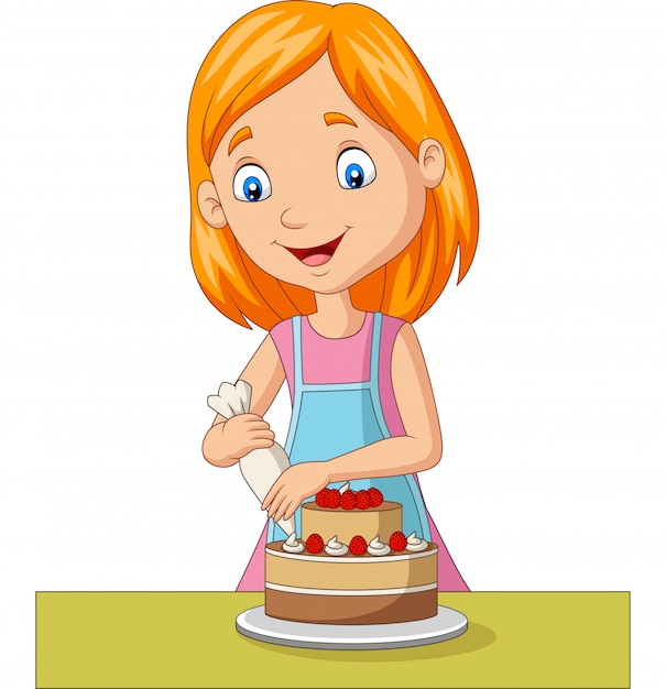 Vector cartoon girl decorating a cake