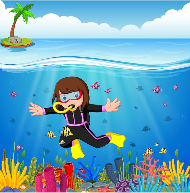 바다에서 다이빙 만화 소녀
