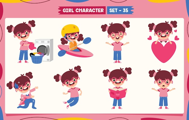 Cartoon Girl doet verschillende activiteiten.