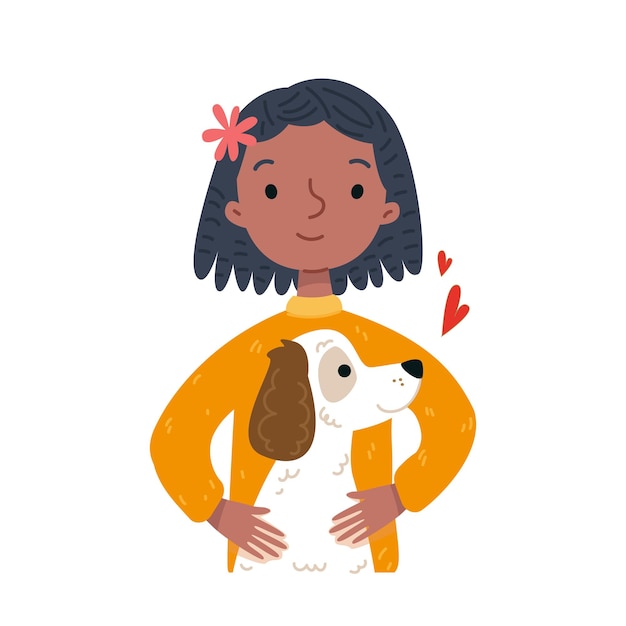 Vector cartoon girl and dog portrait avatar of a black woman and her pet a white retriever