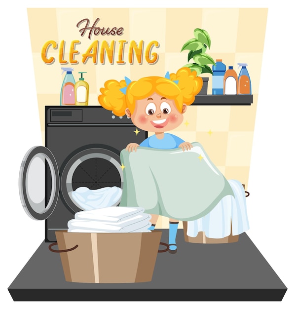 Cartoon girl doing laundry with washing machine