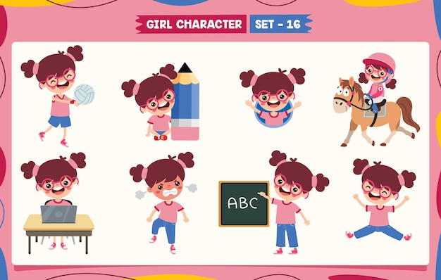 Cartoon girl doing various activities