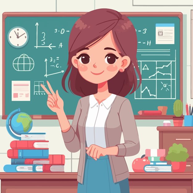 Vector a cartoon of a girl in front of a blackboard with the words  teacher  on it
