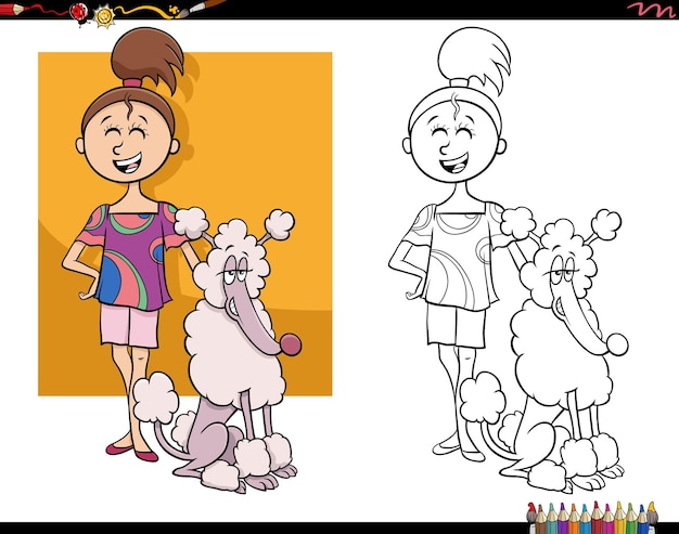 Cartoon girl and her poodle dog coloring page