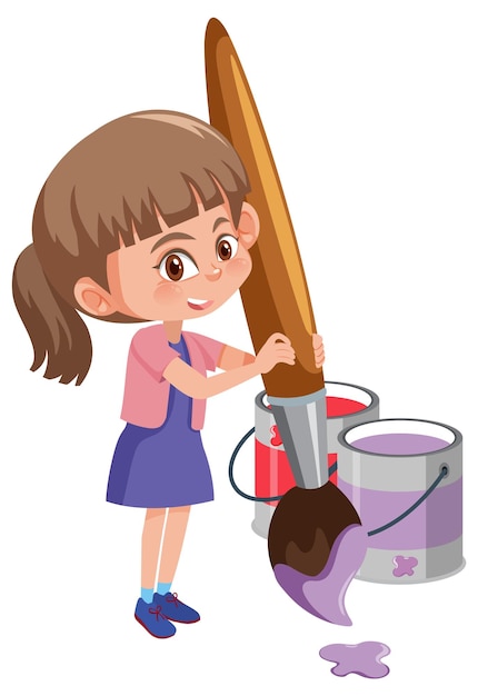 Vector cartoon girl holding brush with purple colour