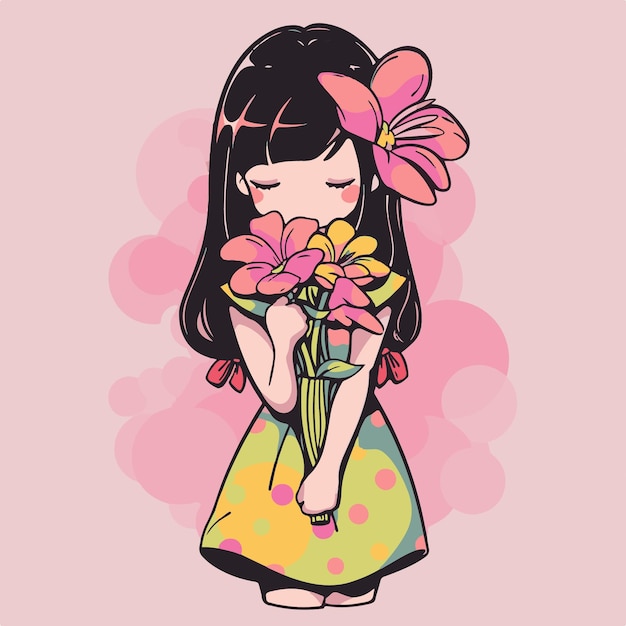 A cartoon of a girl holding flowers in her hands.