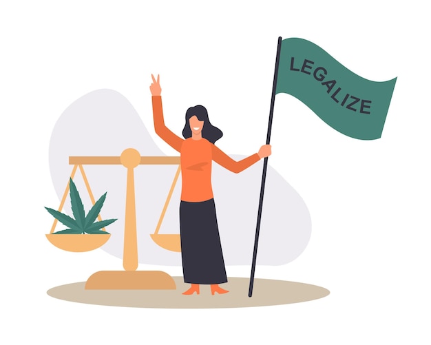 Vettore ragazza cartoon che tiene la bandiera della legalizzazione e mostra un gesto di pace sostenere la legalità della coltivazione di prodotti a base di marijuana e legalizzazione di business vector