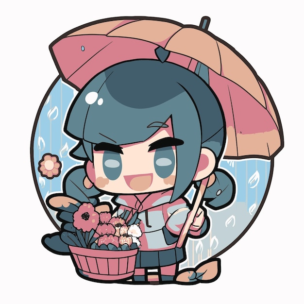 우산을 들고 손에 꽃을 들고 있는 만화 소녀.