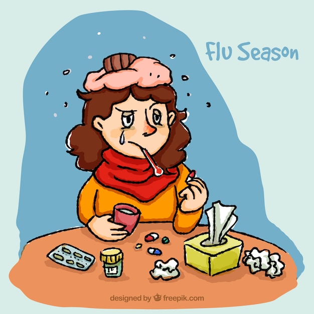 Vector cartoon girl ill of flu