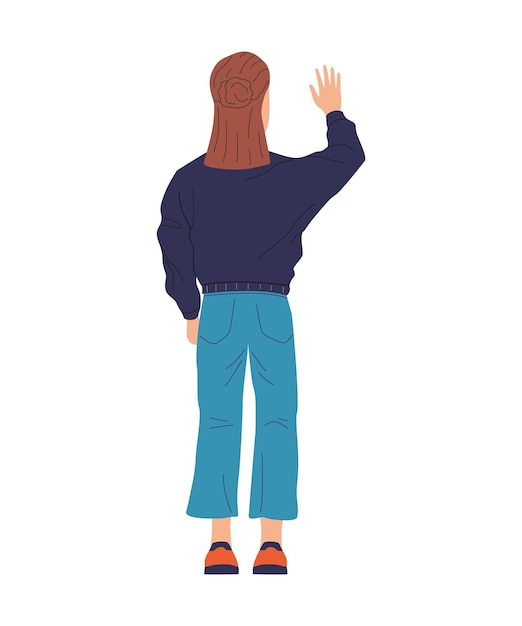 Vector cartoon girl in jeans standing with her back cute teenager in casual clothing isolated young woman raising hand backside view on person greeting waving arm vector female character in sweater