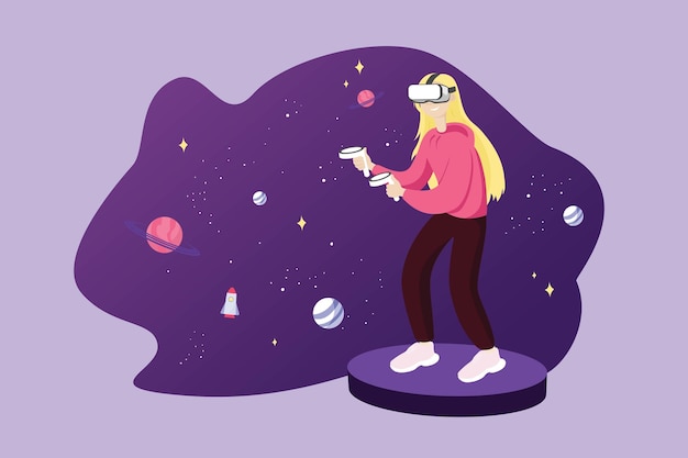 cartoon girl looks at planets in VR headset Vector flat style illustration