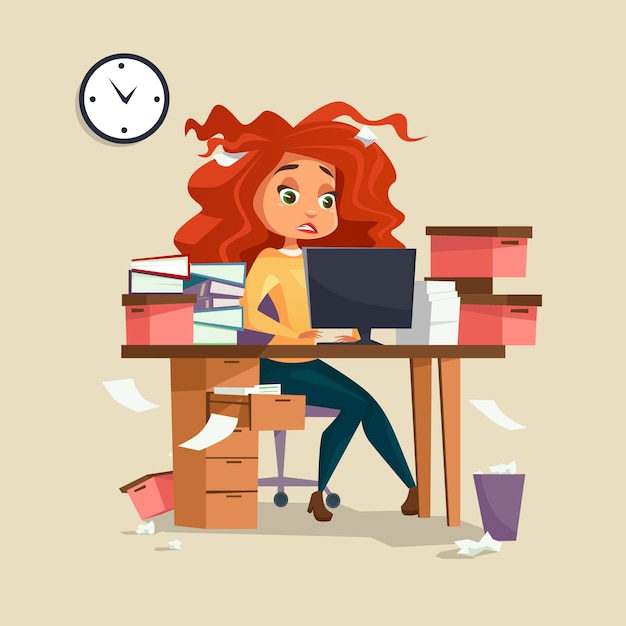 Vector cartoon girl manager working on computer with disheveled hair